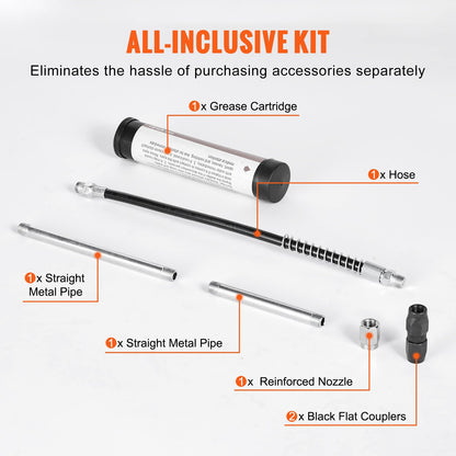 Fettspruta med pistolgrepp, 3500 PSI, 4 OZ / 120 CC kapacitet. Kraftig professionell fettspruta, med 11,65 tums flexibel slang, 2 svarta platta kopplingar, 1 förstärkt munstycke och 2 styva metallrör.