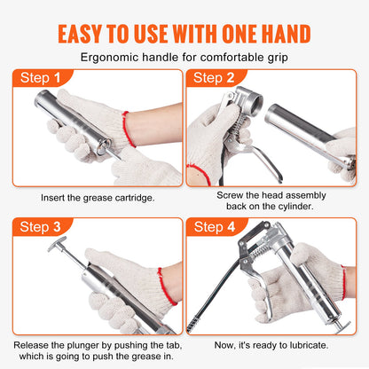 Fettspruta med pistolgrepp, 3500 PSI, 4 OZ / 120 CC kapacitet. Kraftig professionell fettspruta, med 11,65 tums flexibel slang, 2 svarta platta kopplingar, 1 förstärkt munstycke och 2 styva metallrör.