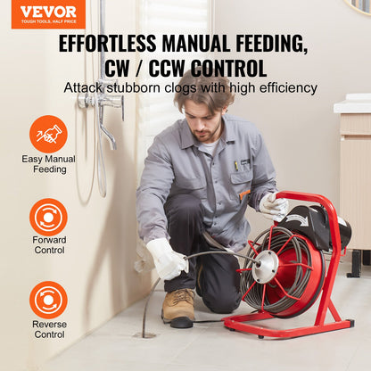 Avloppsrensningsmaskin 15,5 m x 1,25 m, manuell matning av avloppsborr, 250 W elektrisk avloppsrensningsmaskin med 4 skärare och luftaktiverad fotpedal för rör på 5,5 till 10 cm