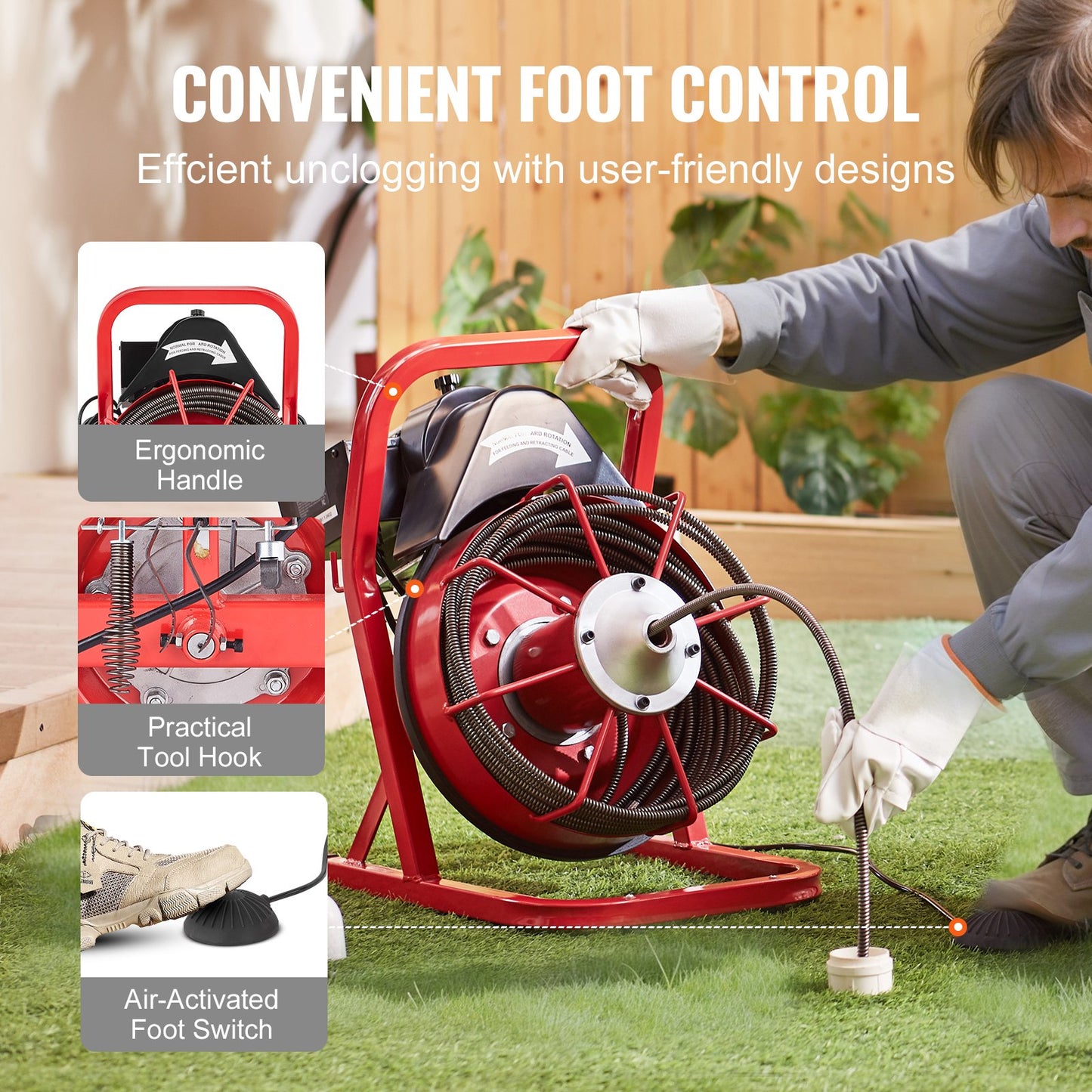 Avloppsrensningsmaskin 15,5 m x 1,25 m, manuell matning av avloppsborr, 250 W elektrisk avloppsrensningsmaskin med 4 skärare och luftaktiverad fotpedal för rör på 5,5 till 10 cm