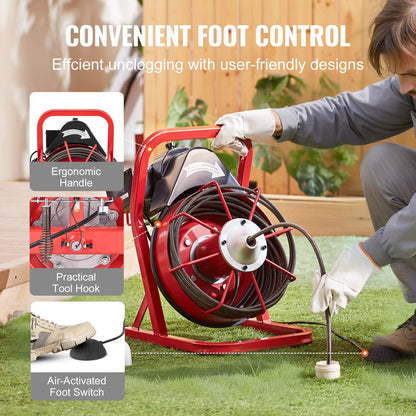 Avloppsrensningsmaskin 15,5 m x 1,25 m, manuell matning av avloppsborr, 250 W elektrisk avloppsrensningsmaskin med 4 skärare och luftaktiverad fotpedal för rör på 5,5 till 10 cm