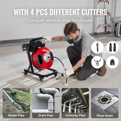 Drain Cleaner Machine 50FT x 1/2 Inch, Manual Feed Sewer Snake Auger - with Wheels, 4 Cutters & Air-activated Foot Switch for 2" to 4" Pipes