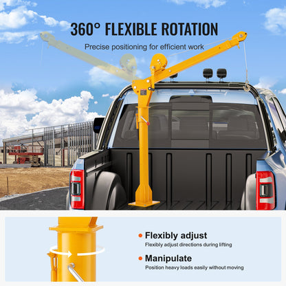 Pickup Truck Crane, Folding Truck-Mounted Bed Crane with 1100 lbs Manual Winch, Steel Pickup Truck Jib Crane Hoist 360 Degrees Swivel for Lifting Goods in Construction, Forestry, and Factory