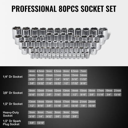 207-delars mekanikverktygssats, 1/4" 3/8" 1/2" hylsnyckel, SAE och metrisk mekanikverktygssats med bits, skiftnycklar, spärrhandtag, tillbehör och plastförvaringslåda, för bilreparationer