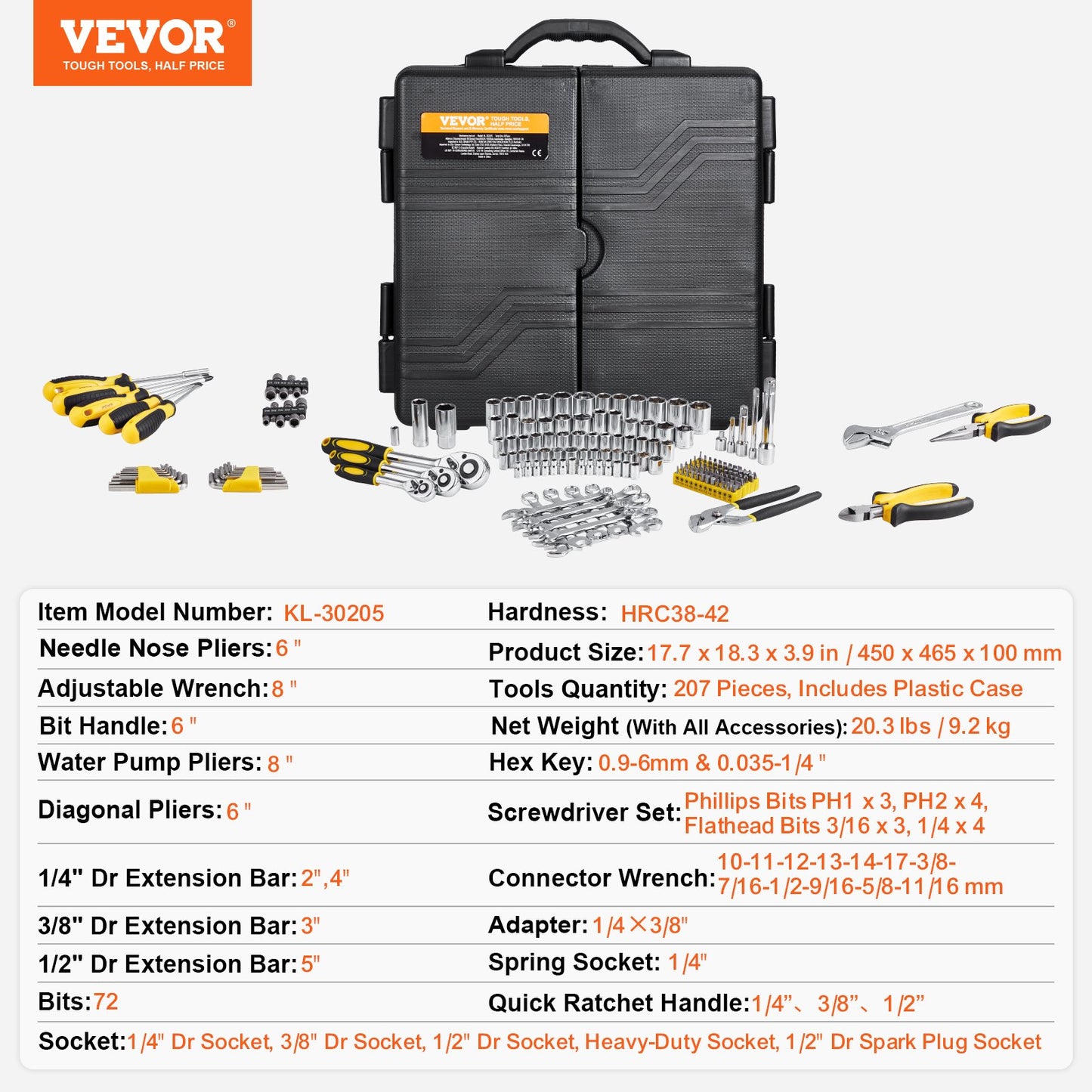 207-delars mekanikverktygssats, 1/4" 3/8" 1/2" hylsnyckel, SAE och metrisk mekanikverktygssats med bits, skiftnycklar, spärrhandtag, tillbehör och plastförvaringslåda, för bilreparationer