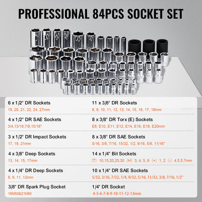 121-Piece Mechanics Tool Set, 1/4" 3/8" 1/2" Drive Sockets, SAE and Metric Mechanic Tool Kit with Bits, Wrenches, Ratchet Handle, Accessories, and Plastic Storage Case, for Automotive Repair