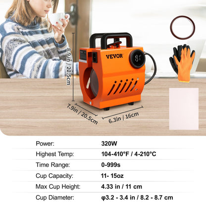 Muggvärmepress, mini-muggpress, gör-det-själv-sublimeringsämnen 311,8 g-425,2 g kaffemuggar, handhållen lättviktspress som julklapp, enkel press med tejp och handskar, tillbehör