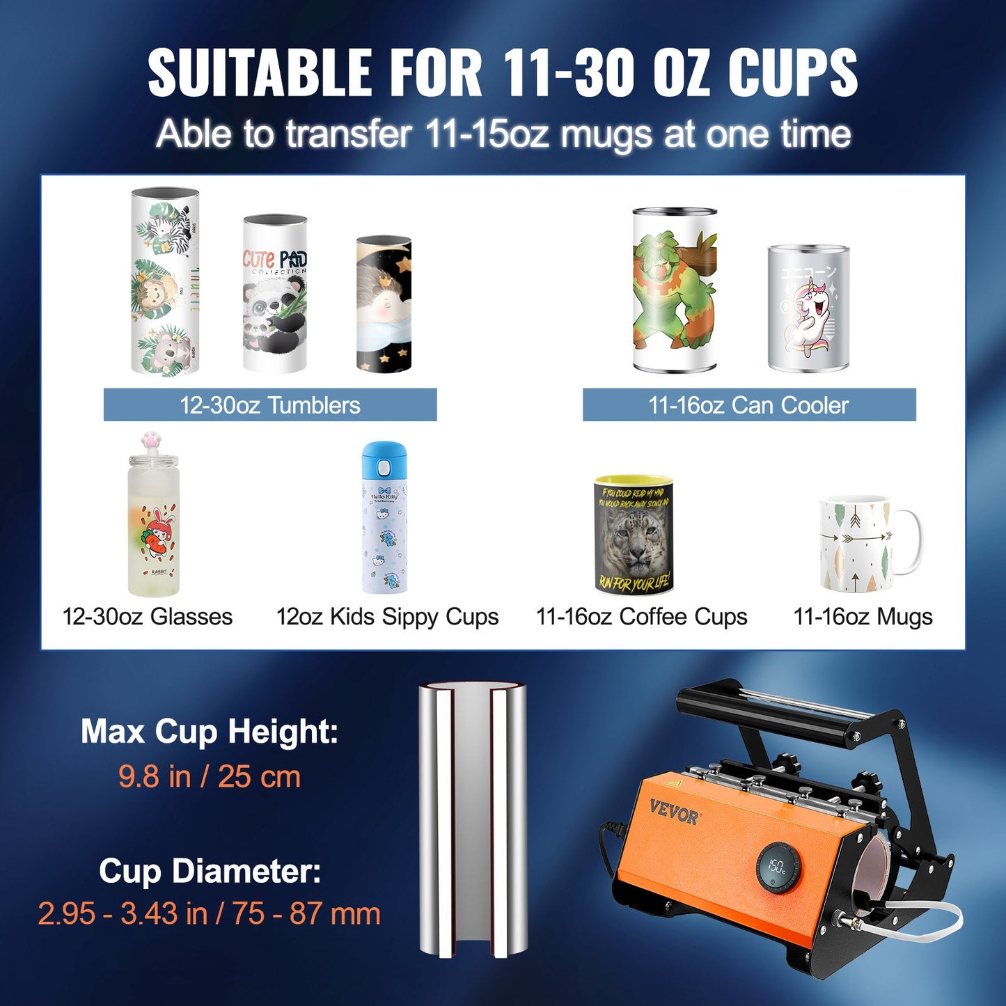 Mug Heat Press, 850.5 g Tumbler Heat Press Machine, Sublimation Transfer 311.84-425.2 g 453.59-708.7 g 850.5 g Straight Skinny Tumblers, Cup Heat Press with Heat-resist Gloves & Tape, DIY Ceramic Mugs Cups Glasses
