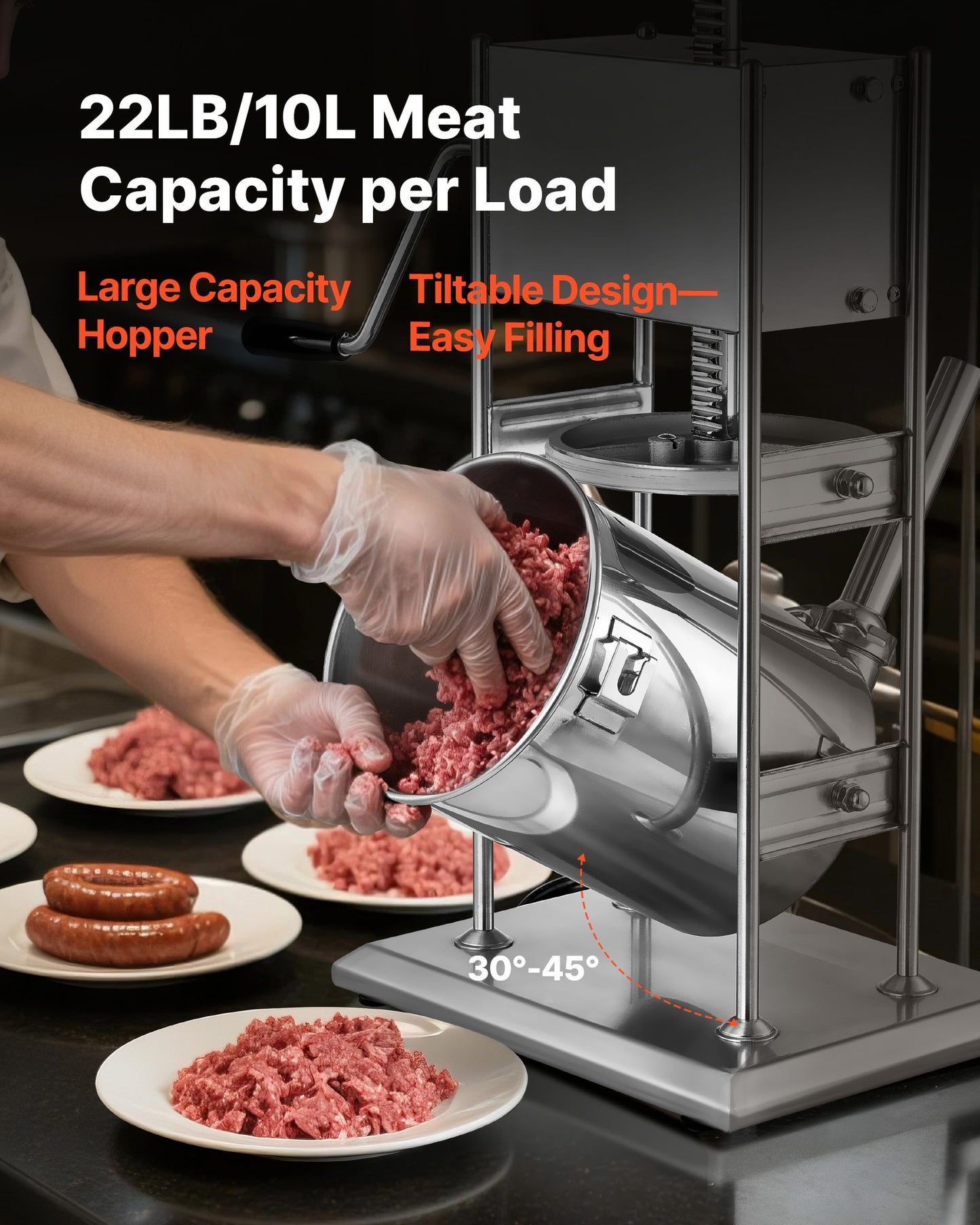 Manuell korvfyllare, 10 liters vertikal köttfyllare, korvfyllningsmaskin med dubbla hastigheter, kraftig fyllare i rostfritt stål med 5 fyllningsrör, för kommersiellt och hemmabruk