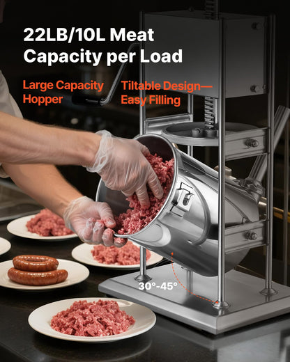 Manuell korvfyllare, 10 liters vertikal köttfyllare, korvfyllningsmaskin med dubbla hastigheter, kraftig fyllare i rostfritt stål med 5 fyllningsrör, för kommersiellt och hemmabruk