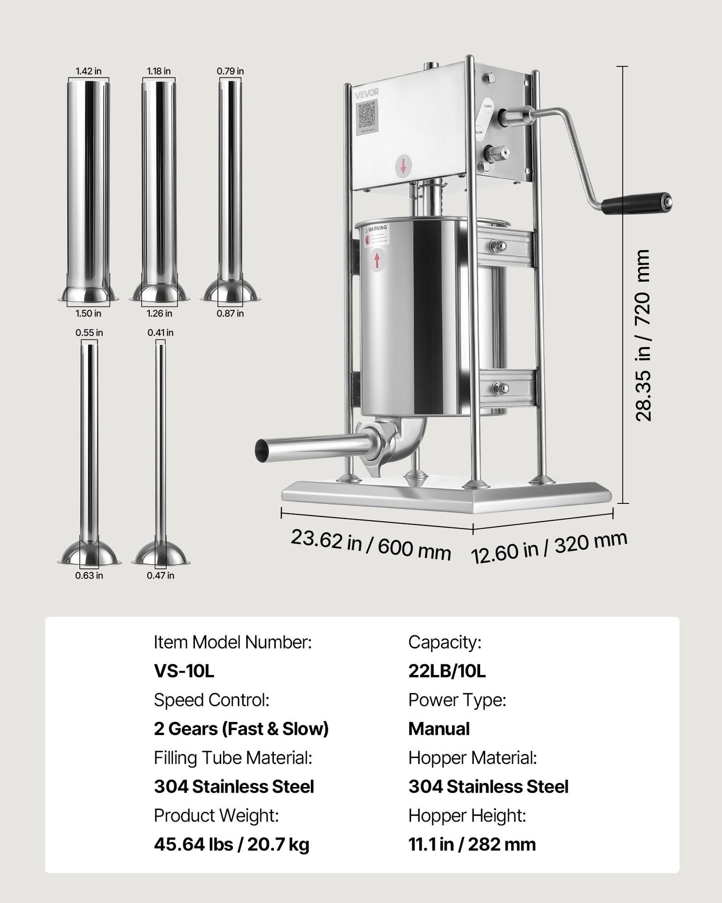 Manuell korvfyllare, 10 liters vertikal köttfyllare, korvfyllningsmaskin med dubbla hastigheter, kraftig fyllare i rostfritt stål med 5 fyllningsrör, för kommersiellt och hemmabruk