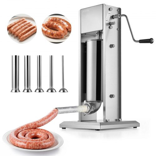 Manual Sausage Stuffer, 11 LBS / 5 L Vertical Meat Stuffer, Dual-Speed Sausage Casing Meat Filling Machine, Stainless Steel Heavy Duty Filler with 5 Stuffing Tubes, for Commercial & Home Use