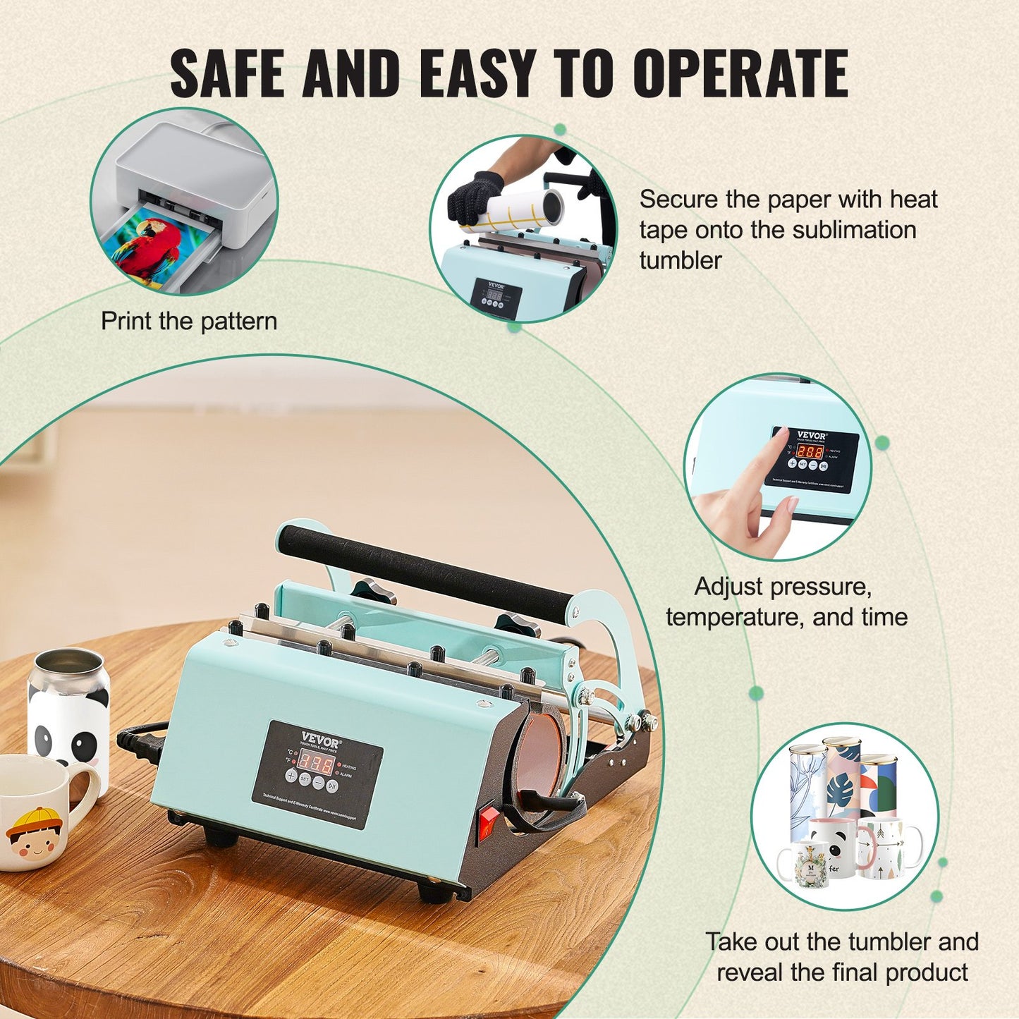 Tumbler värmepressmaskin 311,8-850,5 g muggpress sublimeringstumblers gröna