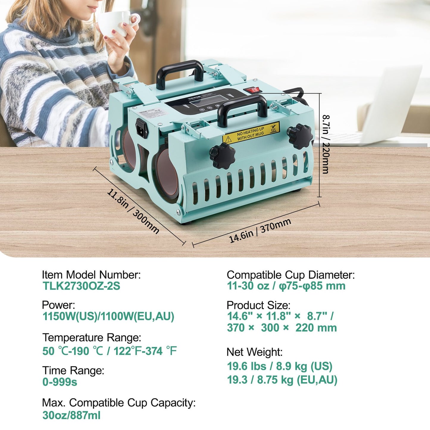 Tumbler Heat Press Machine 2 Station Heaters 311.8-850.5 g Mug Press Sublimation
