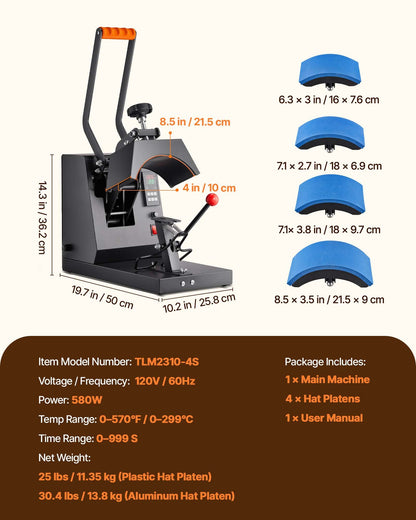 Hattvärmepress, 4-i-1-värmepressmaskin för kepsar, 15,24 x 7,6 cm clamshell-sublimeringsöverföring, LCD digital timer och temperaturkontroll med 4 st böjda värmeelement (15,24 x 7,6/17x6,86/17x6,86/20,57x8,89 cm)