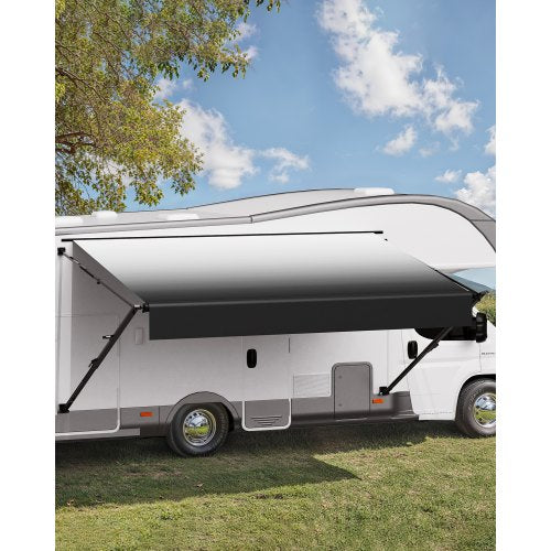 Manual RV Awning Complete Kit, 14' Retractable Awning with Aluminum Alloy Frame, Outdoor Trailer Awning, Fit for Most RVs(Black Fade)