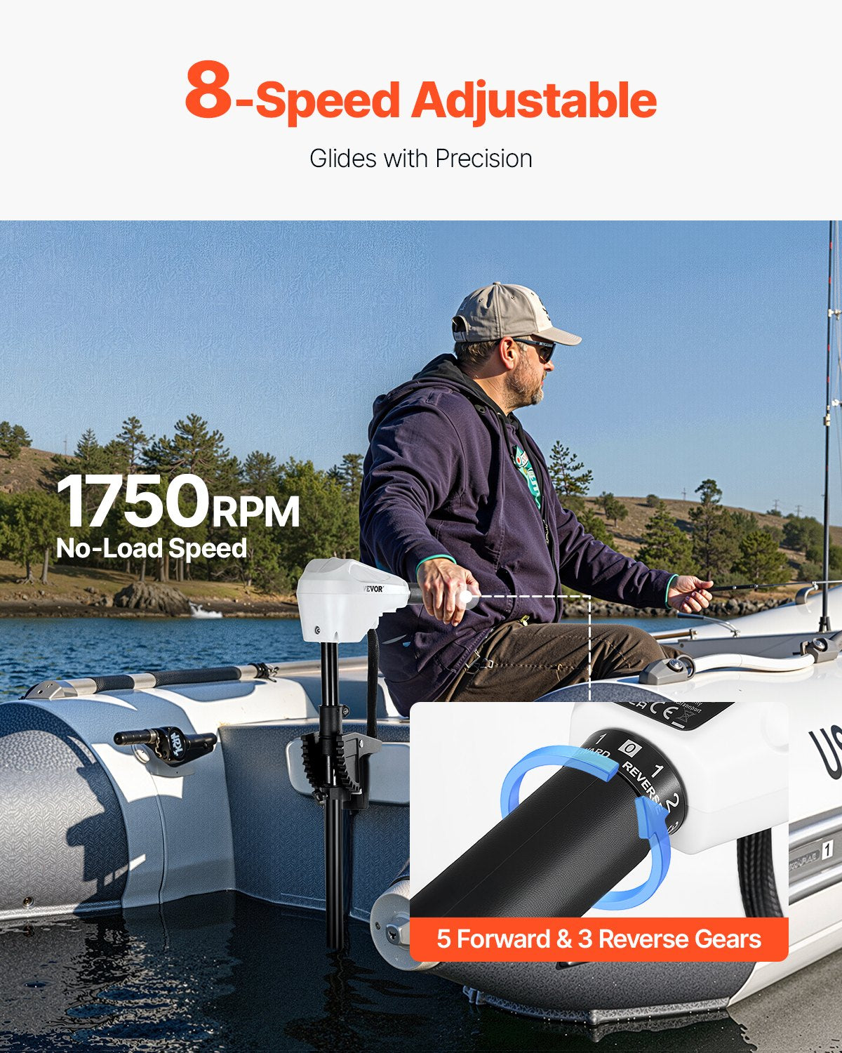 Electric Trolling Motor, Transom Mounted Outboard Boat Motors 12V 55lbs Thrust, 8-Speed Electric Boat Engine w/ Battery Indicator, for Kayaks, Fishing Boats on Freshwater/Saltwater, 30-In Shaft