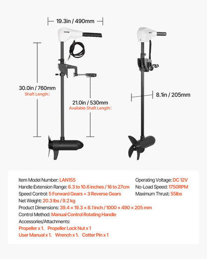 Electric Trolling Motor, Transom Mounted Outboard Boat Motors 12V 55lbs Thrust, 8-Speed Electric Boat Engine w/ Battery Indicator, for Kayaks, Fishing Boats on Freshwater/Saltwater, 30-In Shaft