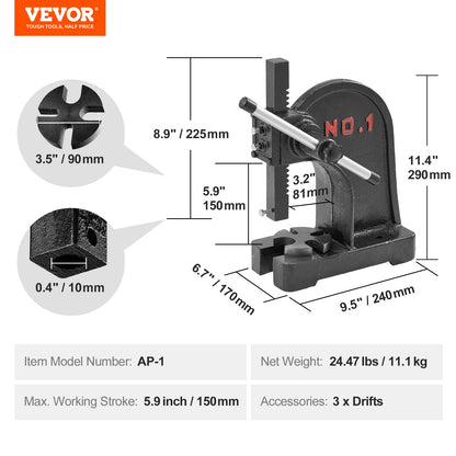 Arbor Press, 1 Ton Manual Arbor Press, 15 cm Maximum Height, Cast Iron Heavy-duty Manual Desktop Arbor Press, Precision Hand Press for Stamping, Bending, Stretching, Forming