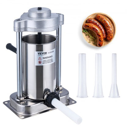 Manual Sausage Stuffer, 2 L / 5 LBS Vertical Sausage Machine with G-type Clamp, Food-Grade 304 Stainless Steel Barrel with 2 Stuffing Tubes, for Home Kitchen Restaurant Commercial