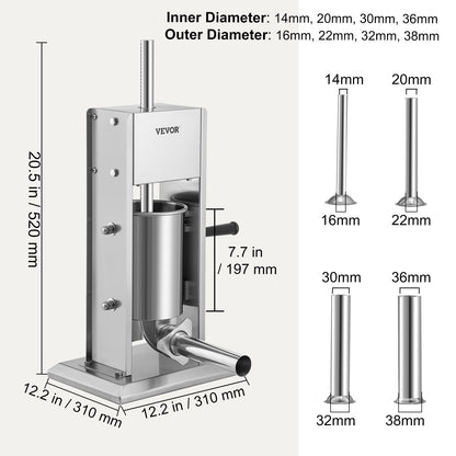 Manuell korvfyllare, 5 lbs/3 l kapacitet, två hastigheter, vertikal korvfyllare i 304 rostfritt stål, korvfyllningsmaskin med 4 fyllningsrör, sugbas för hushålls- eller kommersiellt bruk