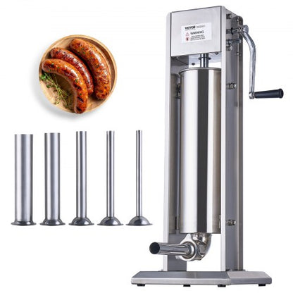 Manual Sausage Stuffer, 7 L / 15 LBS Vertical Sausage Machine, Dual-Speed Meat Stuffer, Made of Food-Grade 304 Stainless Steel, Includes 5 Stuffing Tubes, for Home Kitchen Restaurant Commercial