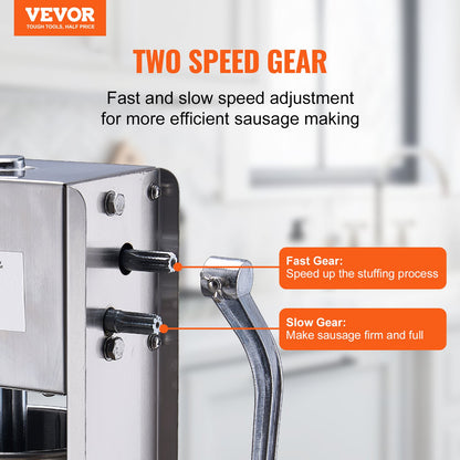 Manual Sausage Stuffer, 7 L / 15 LBS Vertical Sausage Machine, Dual-Speed Meat Stuffer, Made of Food-Grade 304 Stainless Steel, Includes 5 Stuffing Tubes, for Home Kitchen Restaurant Commercial