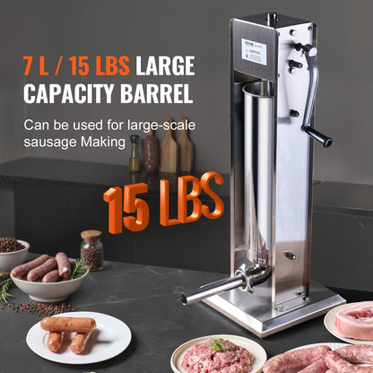 Manual Sausage Stuffer, 7 L / 15 LBS Vertical Sausage Machine, Dual-Speed Meat Stuffer, Made of Food-Grade 304 Stainless Steel, Includes 5 Stuffing Tubes, for Home Kitchen Restaurant Commercial