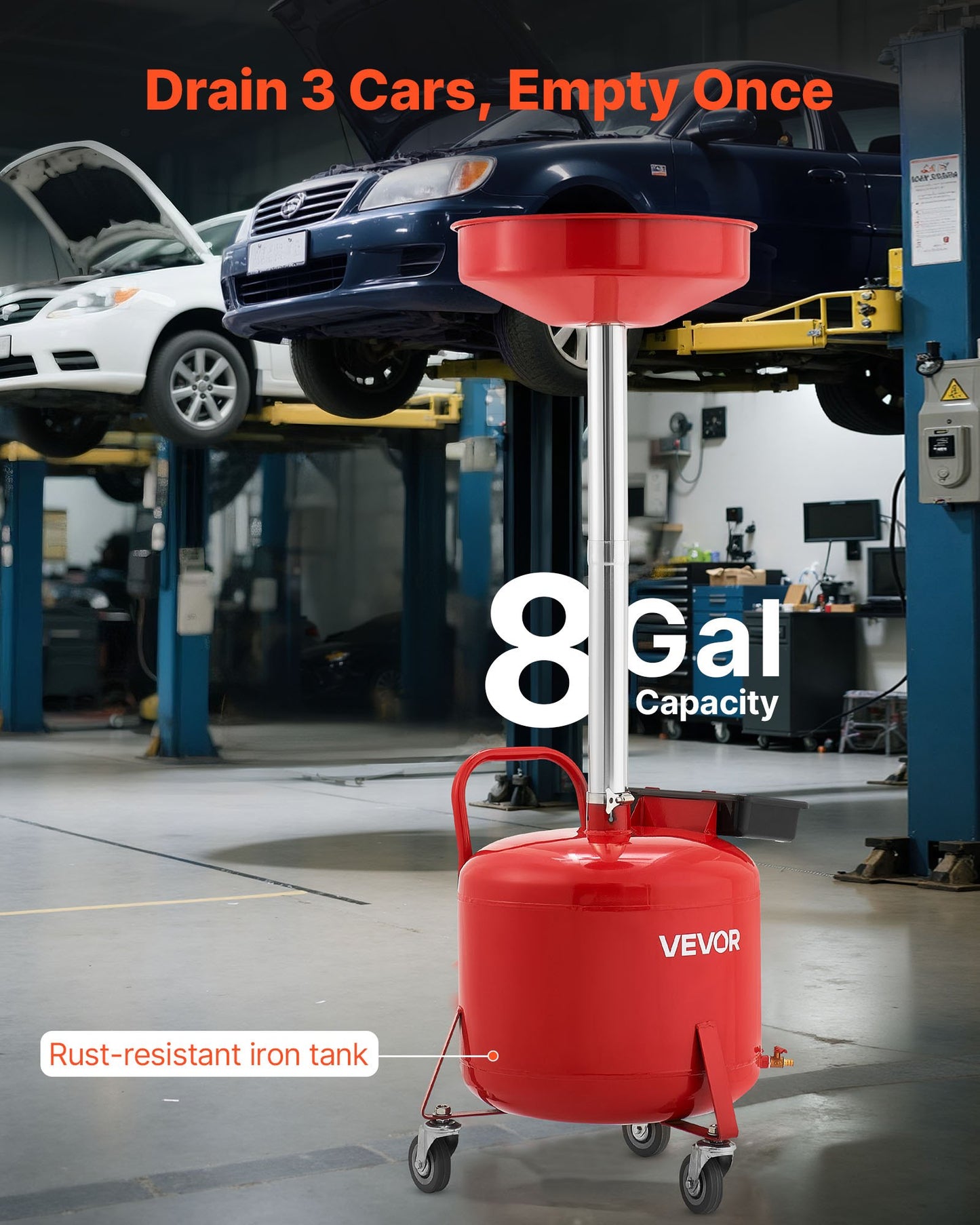30L Waste Oil Drain Tank, Industrial Fluid Drain Tank with Adjustable Funnel Height, Portable Oil Drainer with Wheels & Toolbox, Fluid Fuel Transfer Drainage for Auto Repair Shops, Red