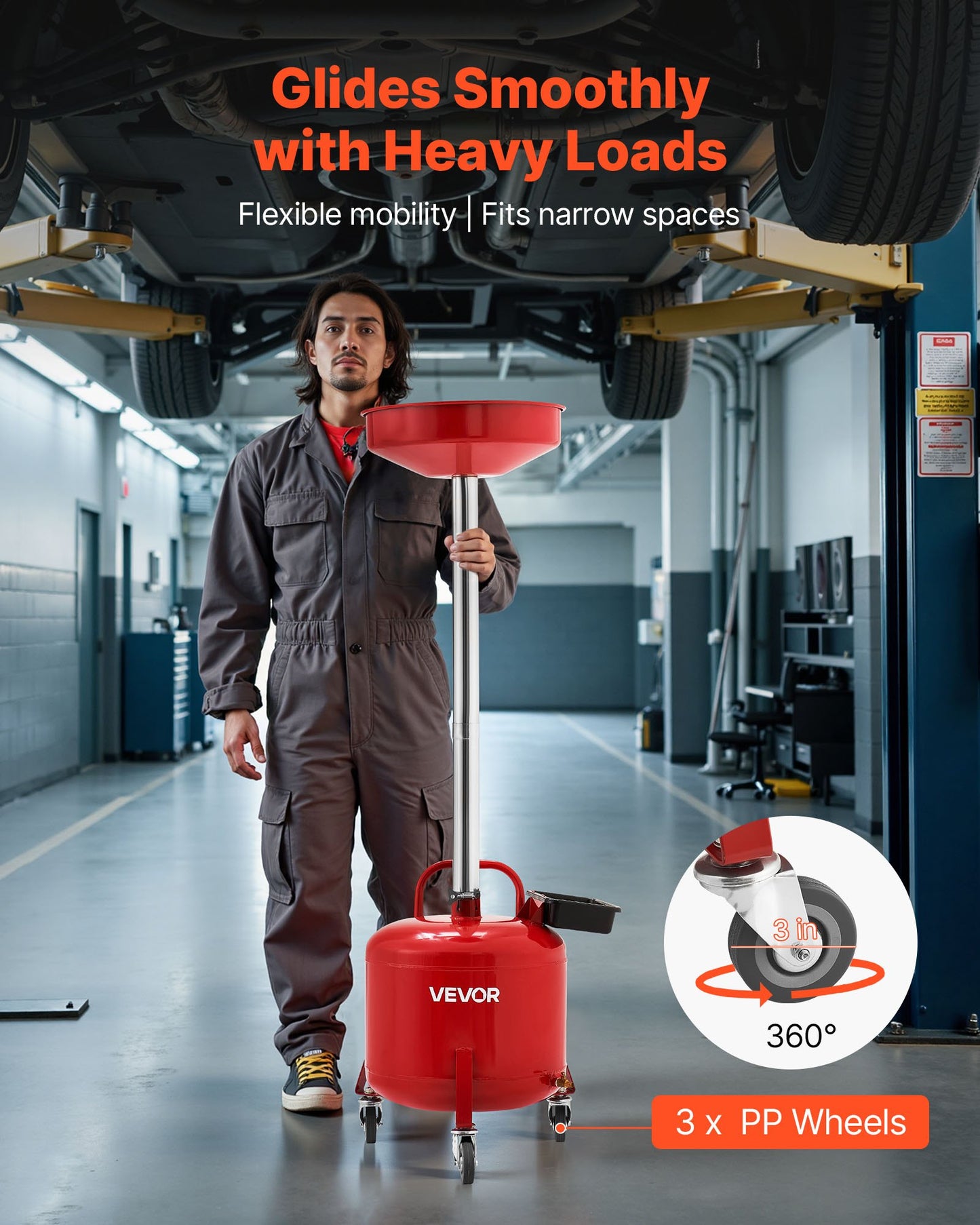 30L Waste Oil Drain Tank, Industrial Fluid Drain Tank with Adjustable Funnel Height, Portable Oil Drainer with Wheels & Toolbox, Fluid Fuel Transfer Drainage for Auto Repair Shops, Red