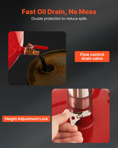 30L Waste Oil Drain Tank, Industrial Fluid Drain Tank with Adjustable Funnel Height, Portable Oil Drainer with Wheels & Toolbox, Fluid Fuel Transfer Drainage for Auto Repair Shops, Red