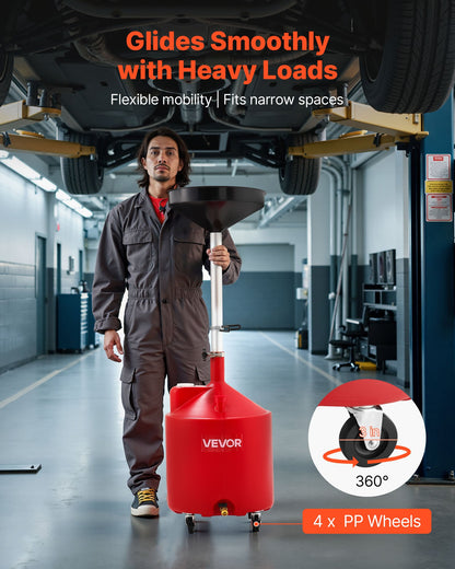 68L spilloljeavtappningstank, industriell vätskeavtappningstank med justerbar tratthöjd, bärbar oljetömningstank med hjul, dränering för vätskeöverföring av bränsle för bilverkstäder, garage, röd