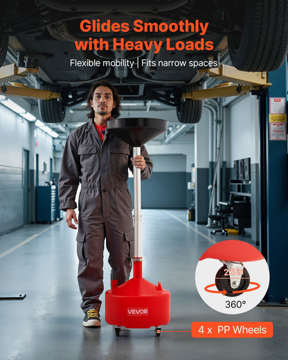 30L Waste Oil Drain Tank, Industrial Fluid Drain Tank with Adjustable Funnel Height, Portable Oil Drainer with Wheels, Fluid Fuel Transfer Drainage for Auto Repair Shops, Garages, Red