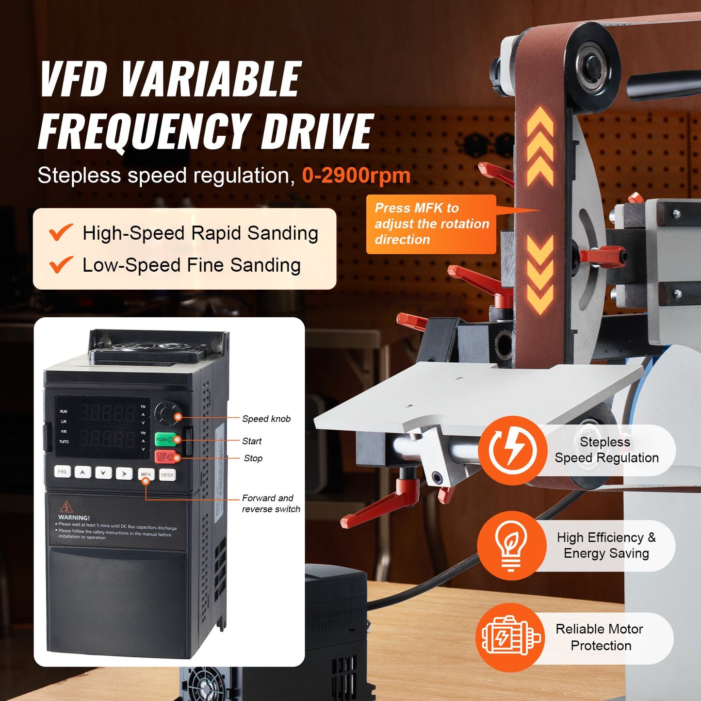 Bandslipmaskin, 72 x 2-tums bandpolermaskin med variabel hastighet och VFD, 1500W knivslipare med 3 slipformar och 3 st slipband för metallbearbetning, kompatibel med 72"-82*2" band