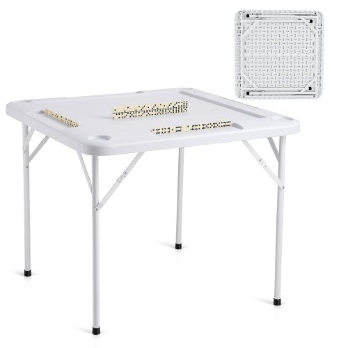 Mahjong Table, Square 4 Player Folding Card Table with 4 Cup Holders & 4 Chip Trays, Portable Domino Game Table with 1 Set of Dominoes for Mahjong Poker Puzzles, 35.4 x 35.4-inch, White