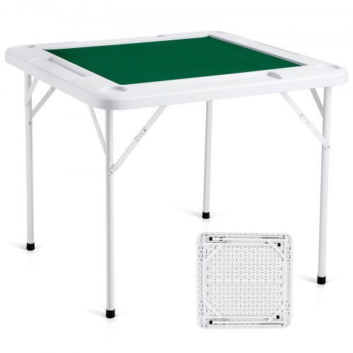 Mahjong Table, 4 Player Folding Domino Table with Wear-Resistant Green Tabletop, Portable Square Card Table with 4 Cup Holders & 4 Chip Trays for Mahjong Poker Puzzles, 35.4 x 35.4-inch