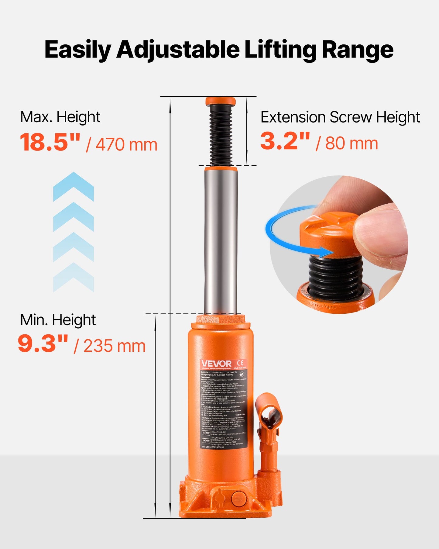 Hydraulisk flaskdomkraft, 10 ton lastkapacitet, 235-470 mm lyfträckvidd, kraftig hydraulisk svetsad flaskdomkraft för bil, SUV, pickup, bilreparationer, huslyft och jordbruksutrustning, orange