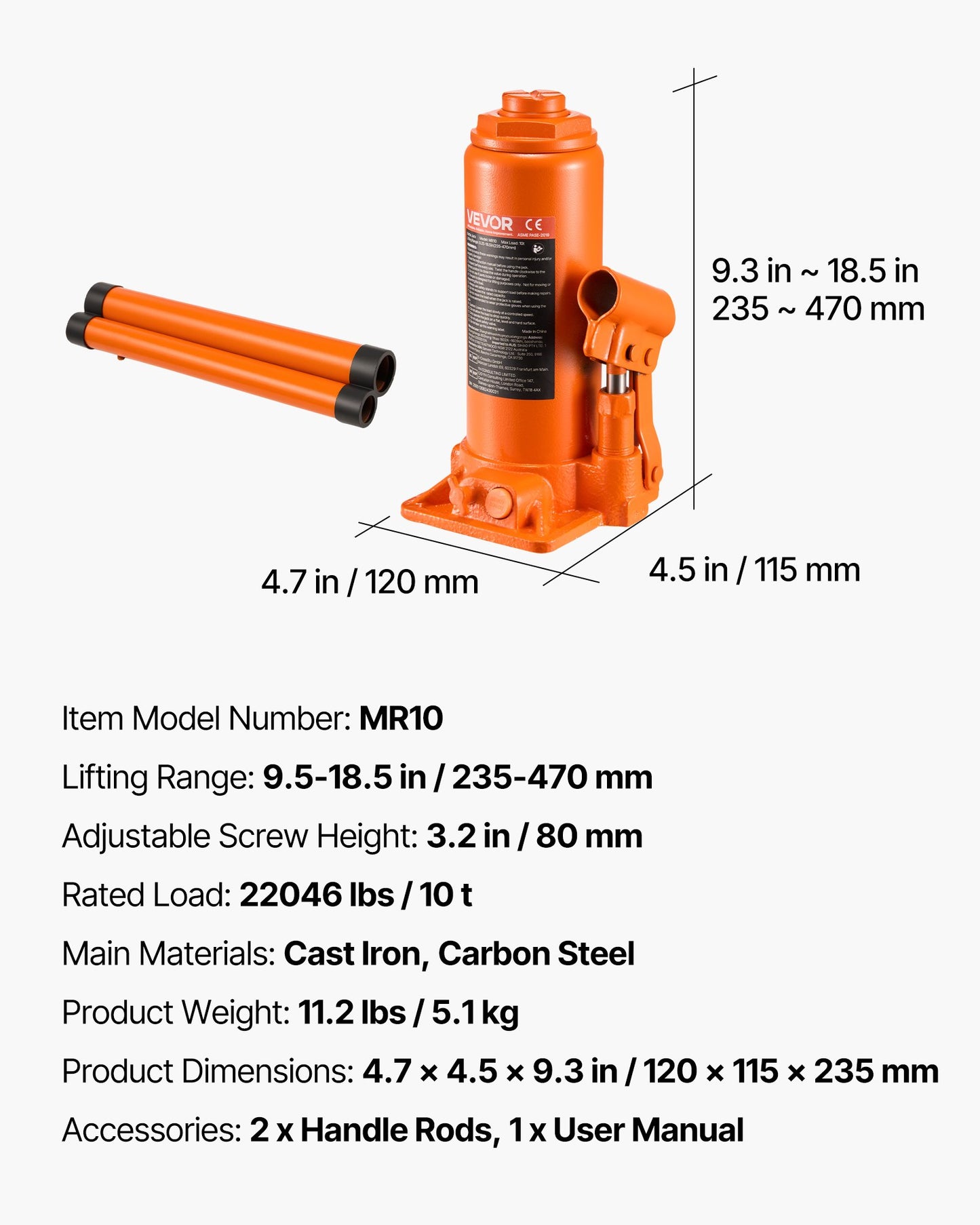 Hydraulisk flaskdomkraft, 10 ton lastkapacitet, 235-470 mm lyfträckvidd, kraftig hydraulisk svetsad flaskdomkraft för bil, SUV, pickup, bilreparationer, huslyft och jordbruksutrustning, orange