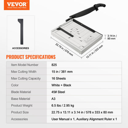 Paper Cutter, Guillotine Trimmer, 38.1 cm Cut Length, 16 Sheets Capacity, Heavy Duty Guillotine Paper Cutter with Guard Rail/Blade Lock for Cardstock/Cardboard, Paper Trimmer for Home Office School