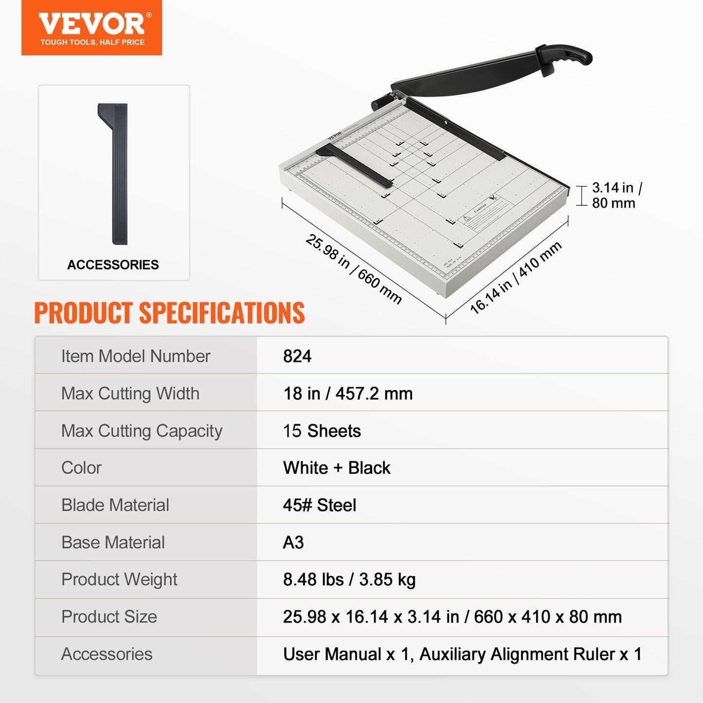 Papperskärare, Giljotintrimmer, 457,2 mm skärlängd, 20 ark kapacitet, Kraftig giljotinpappersskärare med skyddsskena/bladlås för kartong/kortong, Papperskärare för hemmakontor, skola