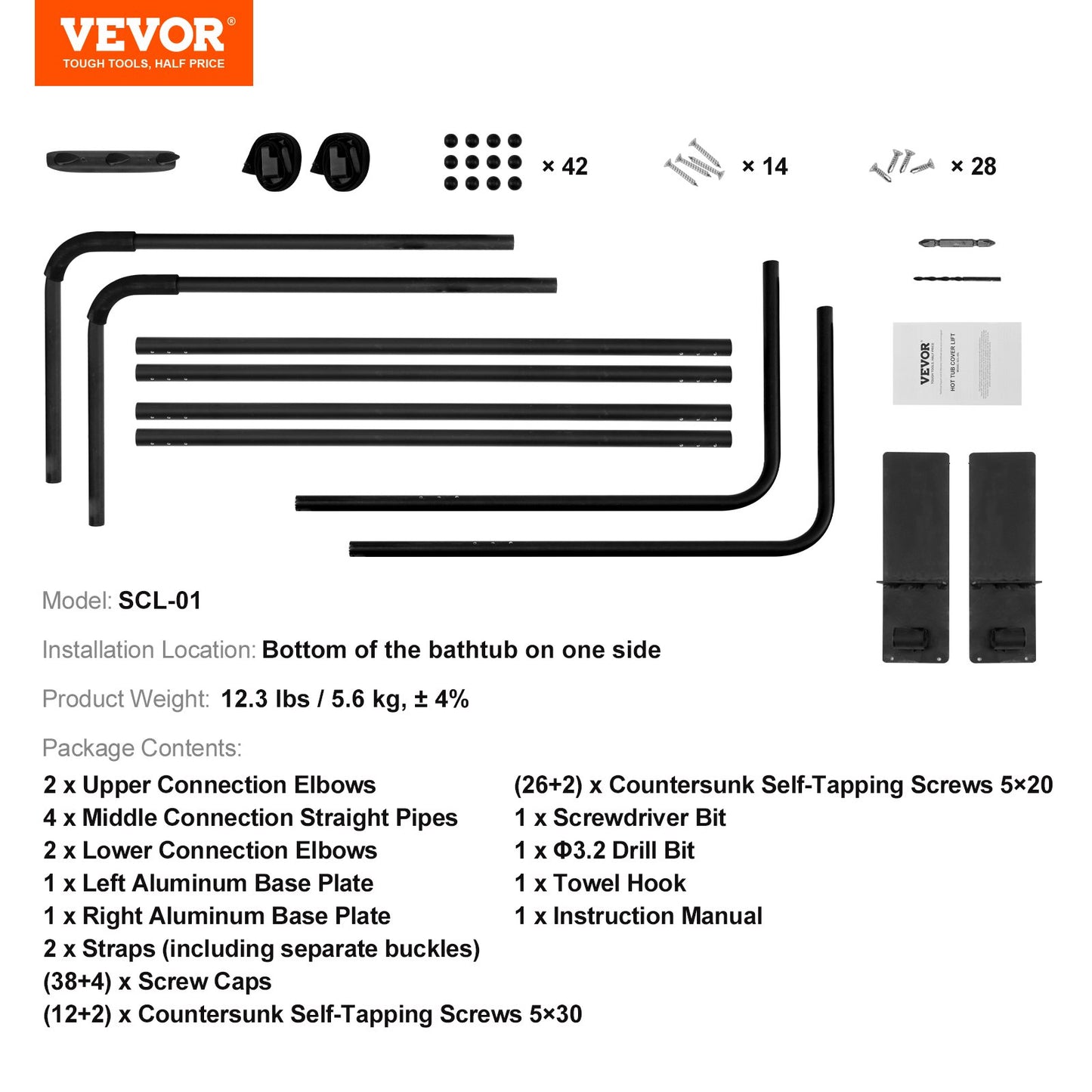 Lyft för spa-överdrag, höjd 89–109 cm, bredd 137–273 cm, justerbar, installerad längst ner på ena sidan, lämplig för olika storlekar på rektangulära badkar, bubbelpooler, spa