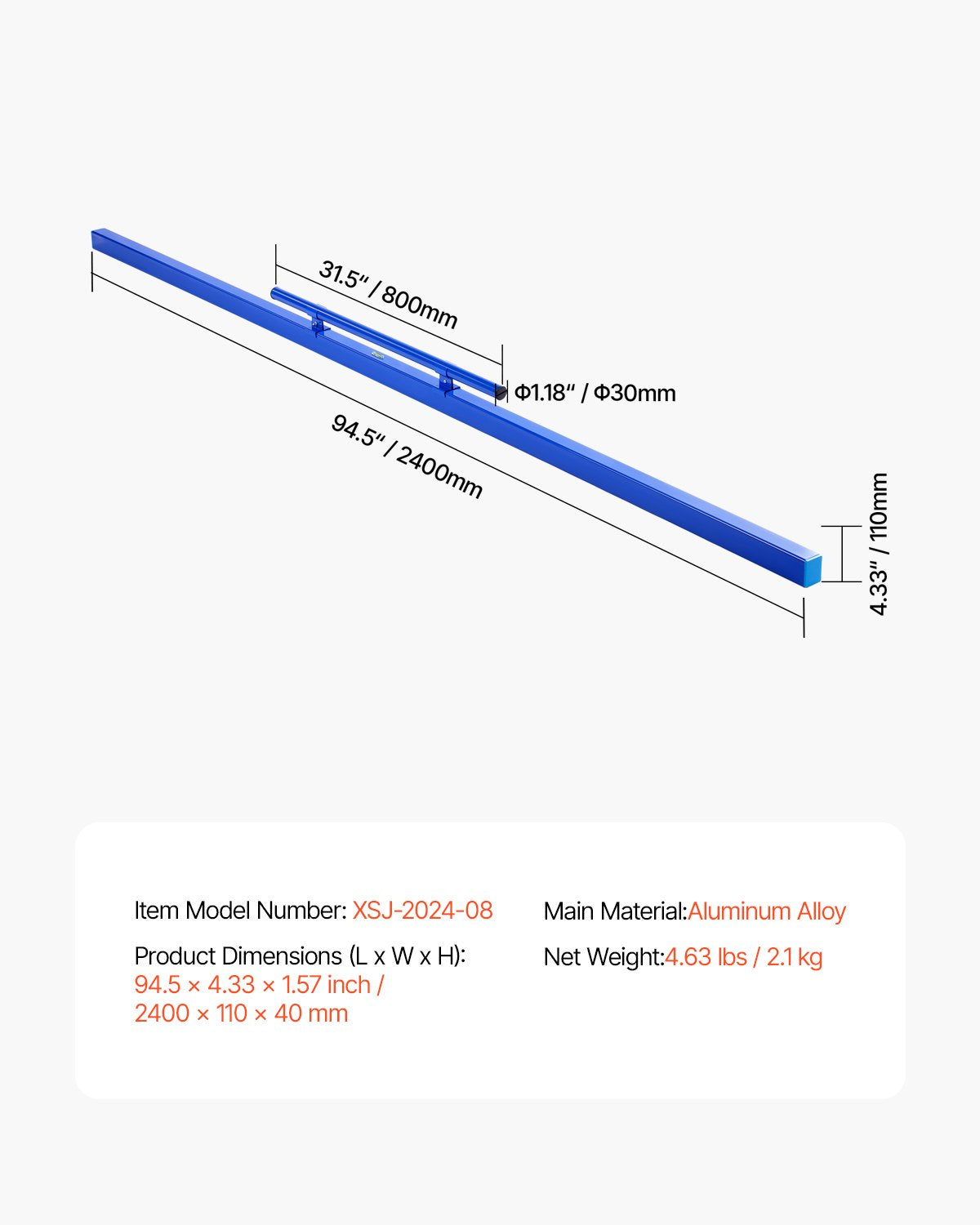 Concrete Screed, 96 Inch Screed with Level Vial, Easy Cleanup & End Cap Design, Aluminum Lightweight & Reversable Handle for Leveling Floors, Small-Scale Construction and Home Renovation