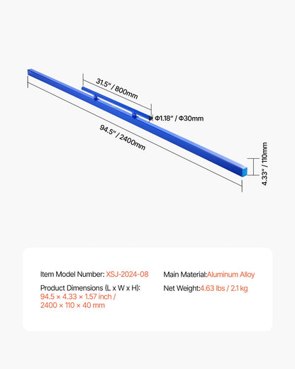 Concrete Screed, 96 Inch Screed with Level Vial, Easy Cleanup & End Cap Design, Aluminum Lightweight & Reversable Handle for Leveling Floors, Small-Scale Construction and Home Renovation