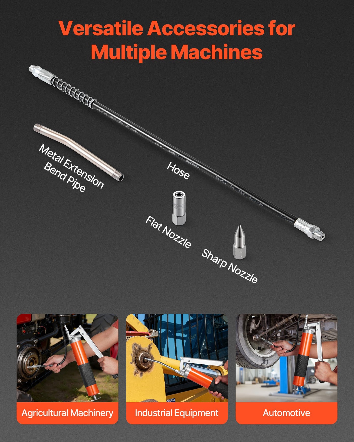 Grease Gun, 10000 PSI High Pressure, Heavy Duty Pistol Grip Grease Gun Kit with 0.4 L Capacity, Includes 46 cm Flex Hose, 1 Extension Rigid Pipe and 1 Sharp Type Nozzle for Automotive, Marine