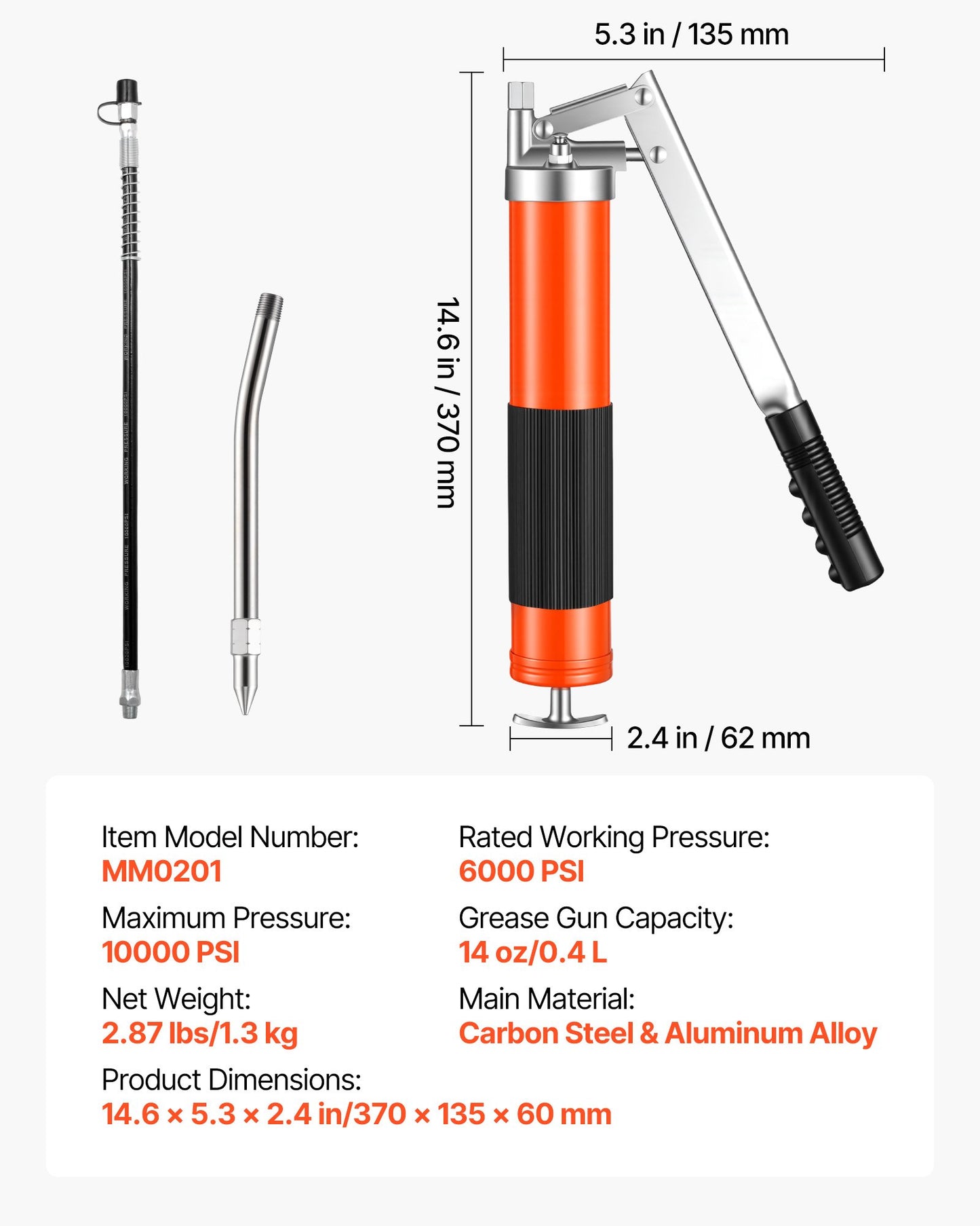 Grease Gun, 10000 PSI High Pressure, Heavy Duty Pistol Grip Grease Gun Kit with 0.4 L Capacity, Includes 46 cm Flex Hose, 1 Extension Rigid Pipe and 1 Sharp Type Nozzle for Automotive, Marine