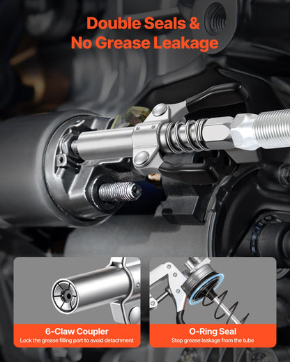 Grease Gun, 8000 PSI, Pistol Grip Grease Gun Kit with 0.4 L Capacity, Includes 46 cm Flex Hose, Double Handle Grease Coupler, Extension Rigid Pipe & Sharp Type Nozzle for Automotive, Marine