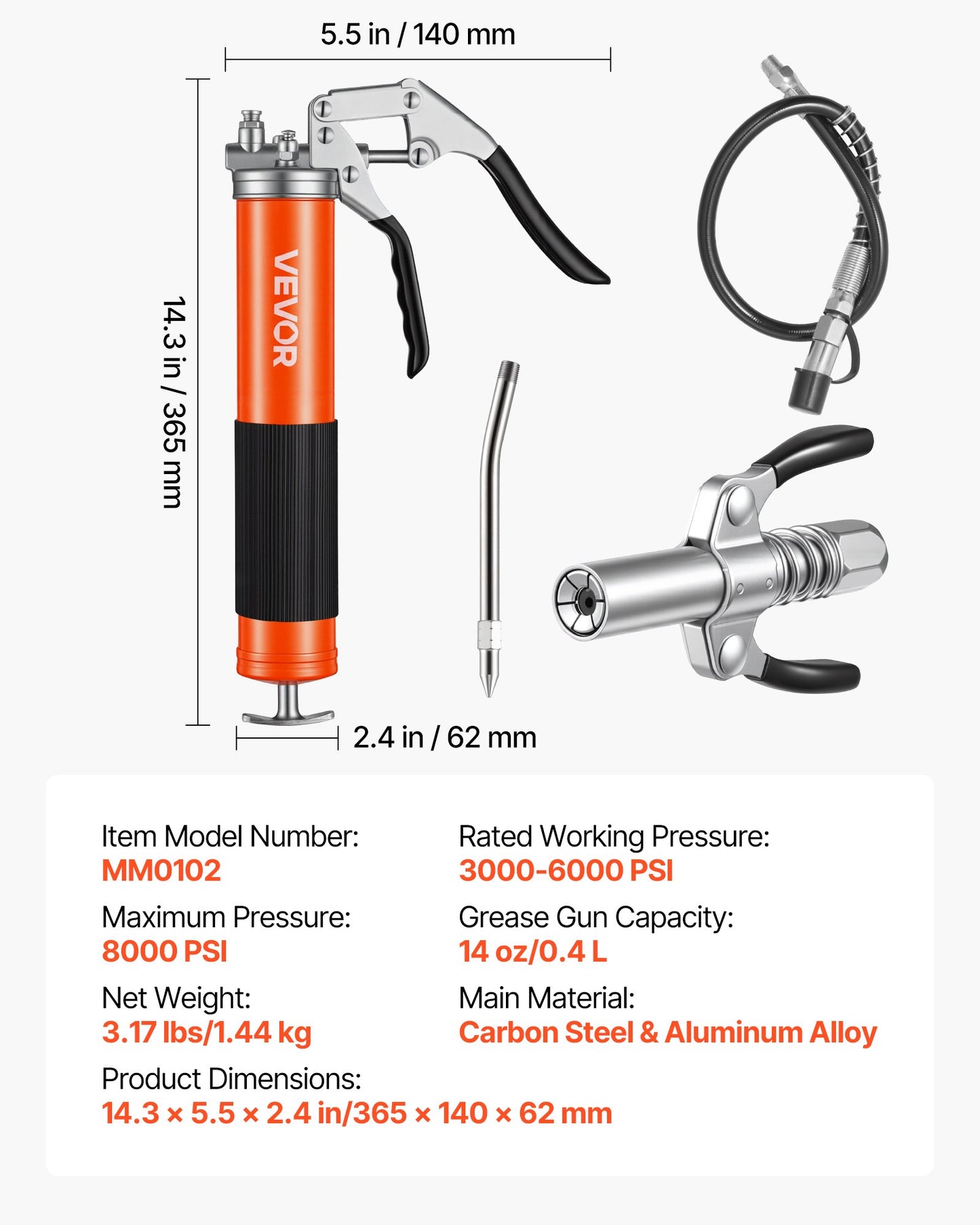 Grease Gun, 8000 PSI, Pistol Grip Grease Gun Kit with 0.4 L Capacity, Includes 46 cm Flex Hose, Double Handle Grease Coupler, Extension Rigid Pipe & Sharp Type Nozzle for Automotive, Marine