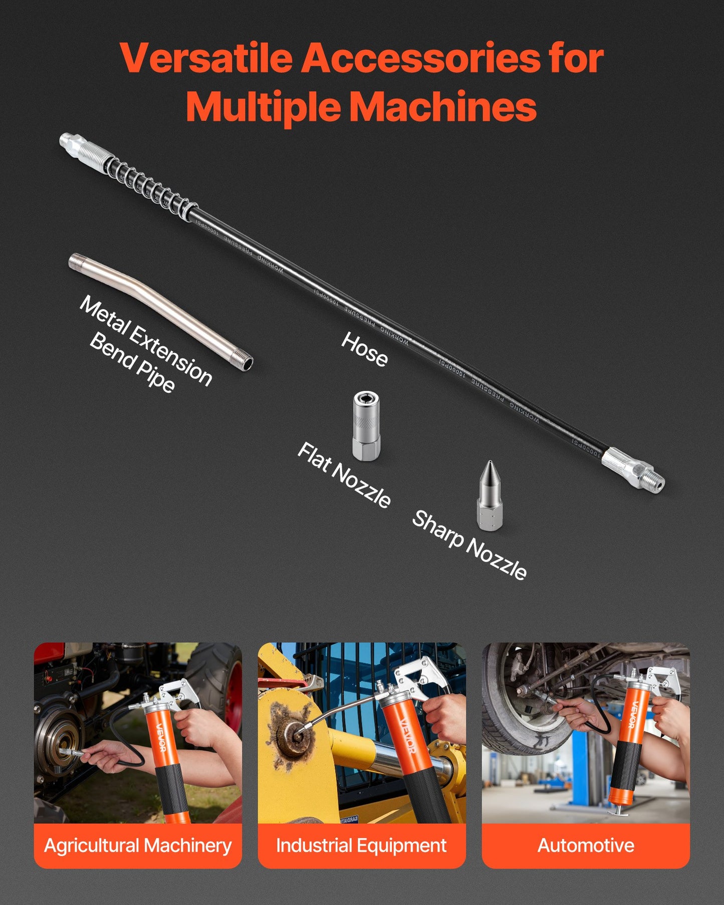Grease Gun, 8000 PSI High Pressure, Heavy Duty Pistol Grip Grease Gun Kit with 0.4 L Capacity, Includes 46 cm Flex Hose, 1 Extension Rigid Pipe and 1 Sharp Type Nozzle for Automotive, Marine