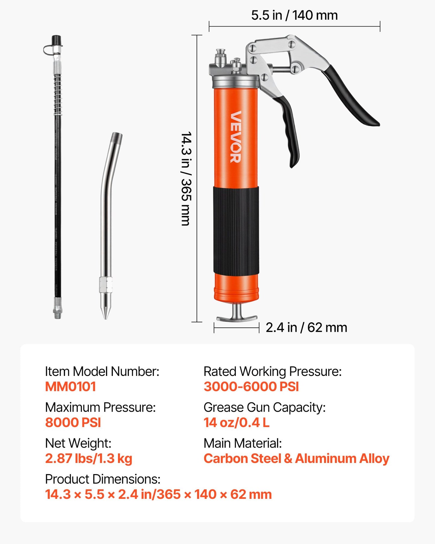 Grease Gun, 8000 PSI High Pressure, Heavy Duty Pistol Grip Grease Gun Kit with 0.4 L Capacity, Includes 46 cm Flex Hose, 1 Extension Rigid Pipe and 1 Sharp Type Nozzle for Automotive, Marine