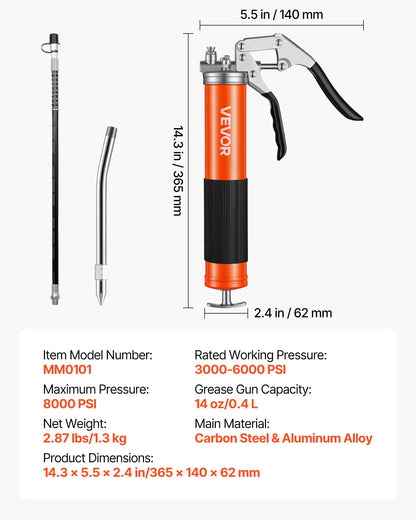 Grease Gun, 8000 PSI High Pressure, Heavy Duty Pistol Grip Grease Gun Kit with 0.4 L Capacity, Includes 46 cm Flex Hose, 1 Extension Rigid Pipe and 1 Sharp Type Nozzle for Automotive, Marine